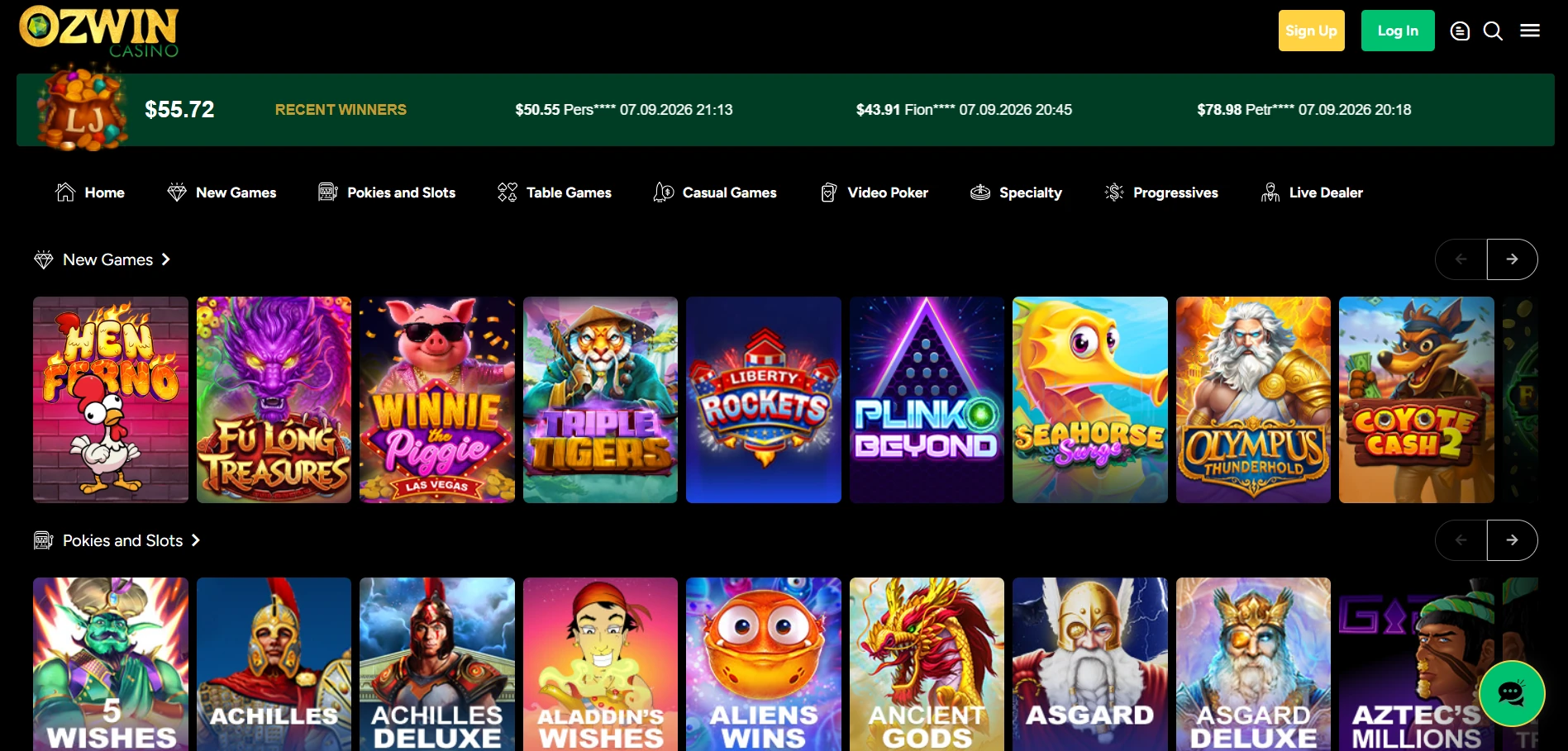 Ozwin home page on desktop