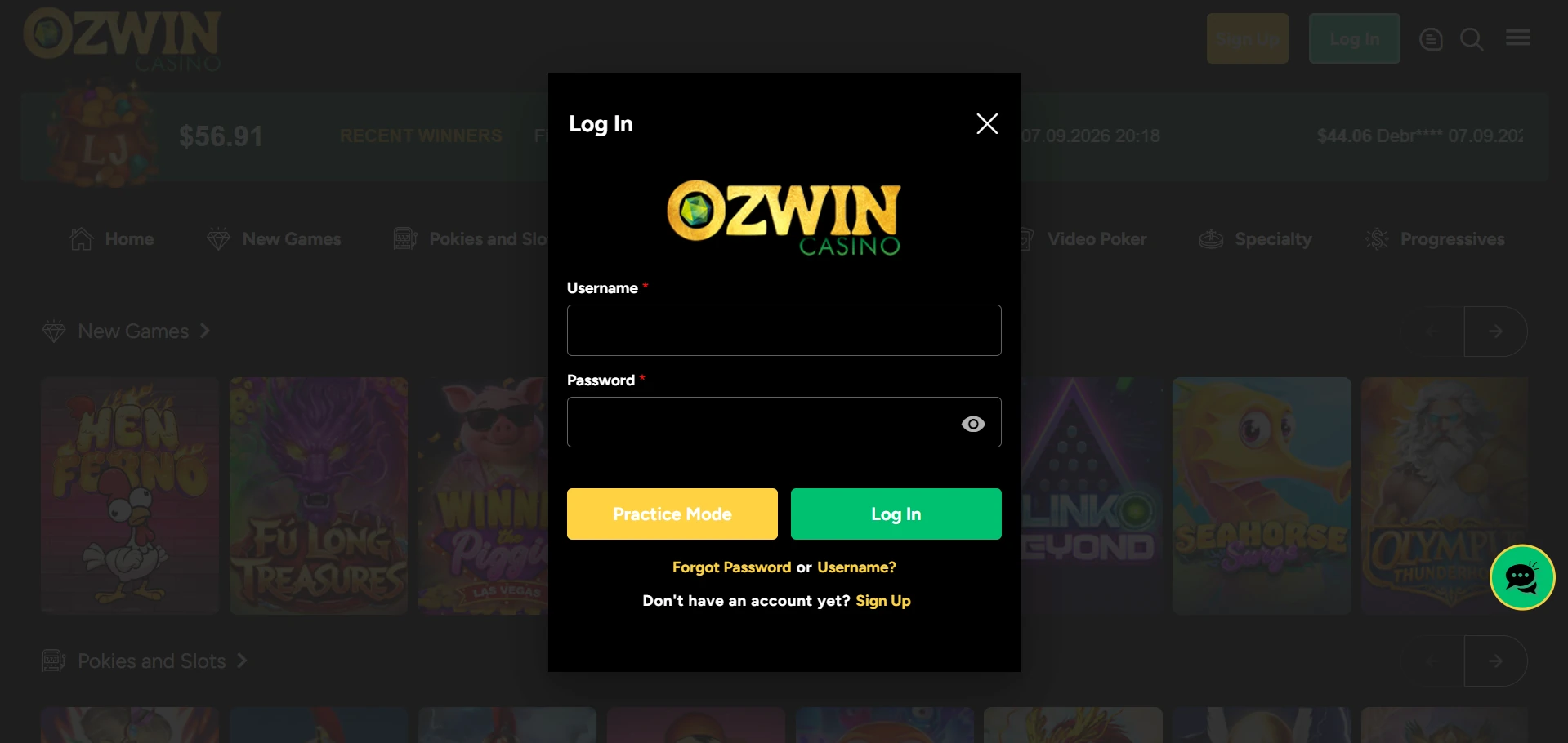 Ozwin Casino login form