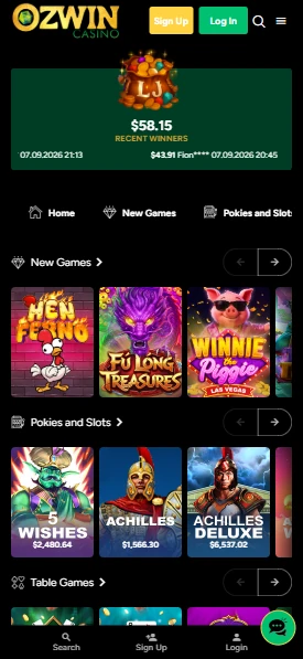 Ozwin Casino on a smartphone browser