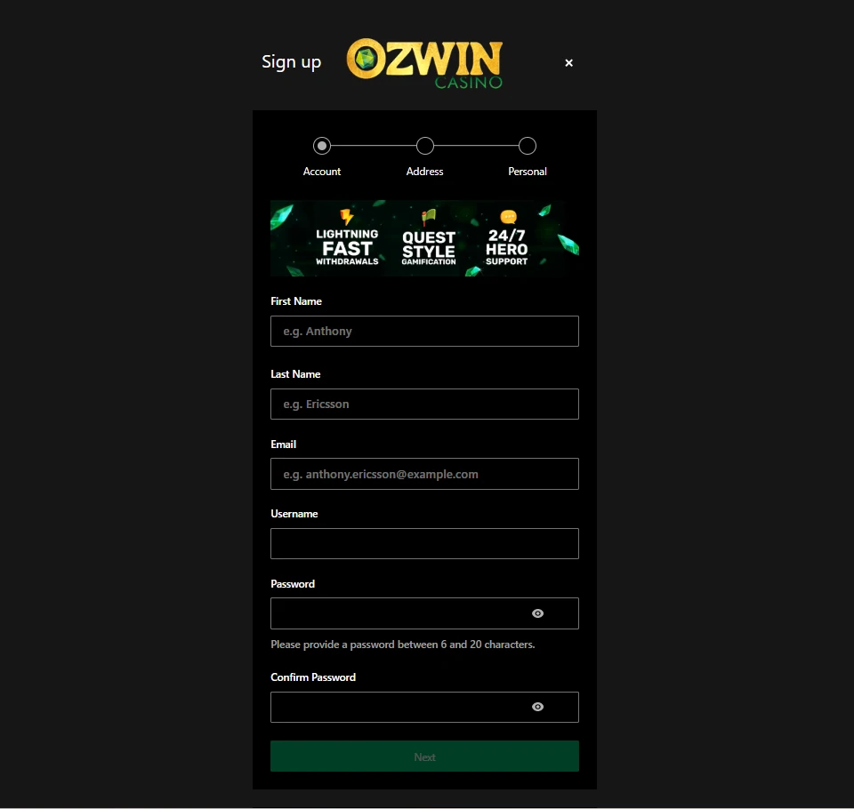 Ozwin Casino registration form